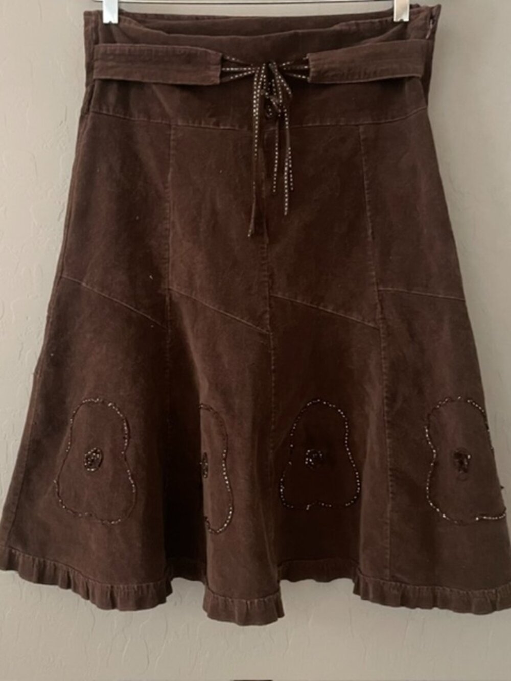 Vintage Chocolate Brown Corduroy Midi Skirt Beaded Floral Whimsigoth Boho